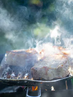 Large piece of meat grilling over open flame